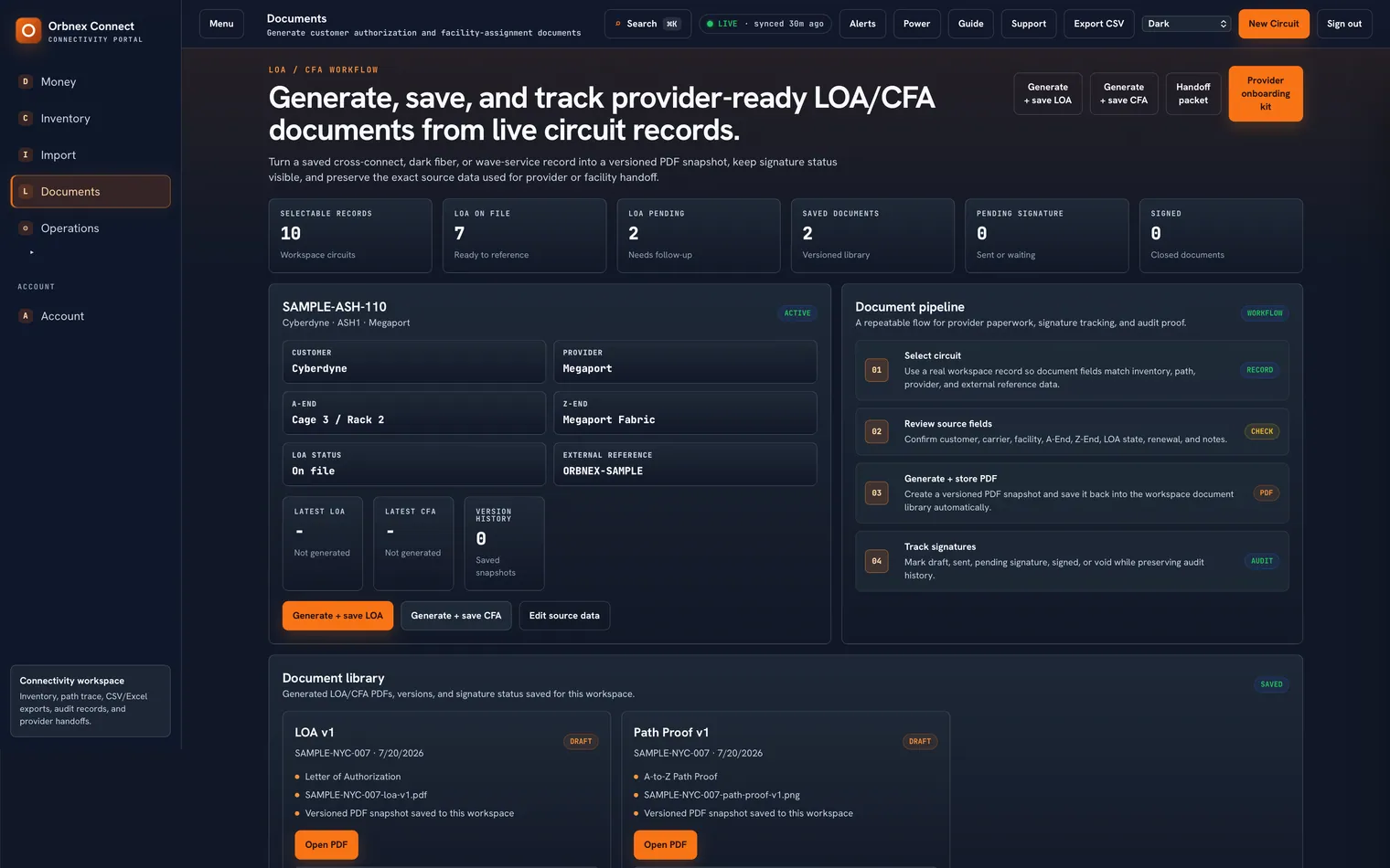 Orbnex Connect circuit record for SAMPLE-ASH-110 with customer, provider, A-End and Z-End, LOA status, external reference, and a document pipeline.