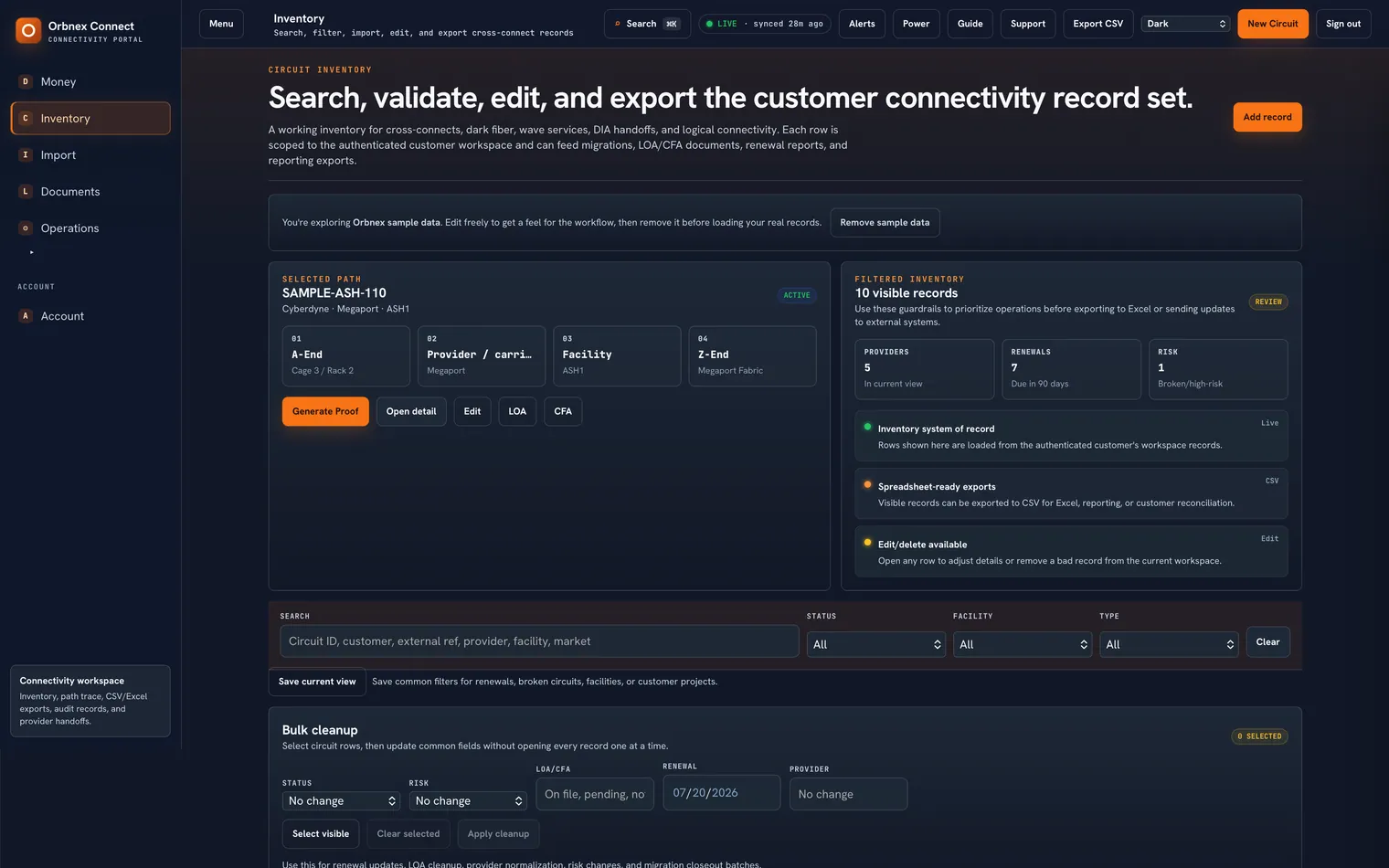Orbnex Connect inventory: a searchable, filterable set of circuit records with status, health score, LOA/CFA, MRC, and renewal dates.