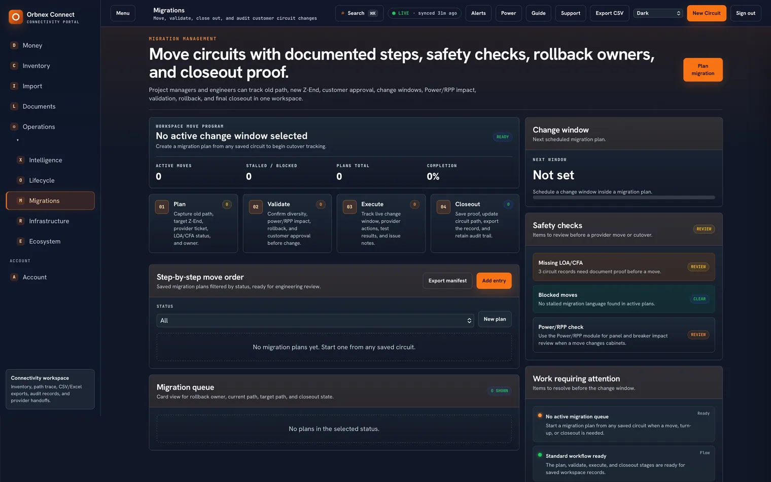 Orbnex Connect migration management: plan, validate, execute, and close out circuit moves with safety checks, change windows, and an audit trail.